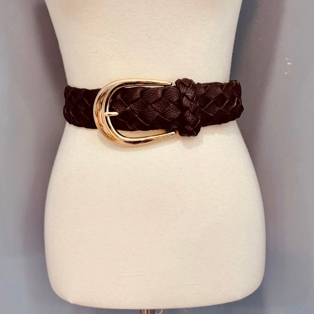 VTG Oversized Wide Brown Braided Leather Belt Gold Buckle, Women's L/XL - Picture 2 of 8